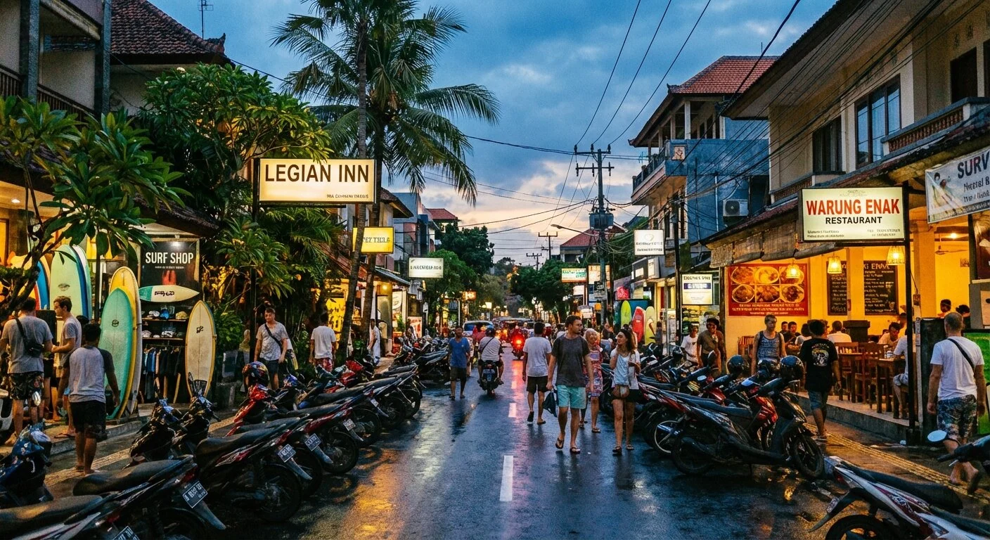 ou loger a kuta bali Rue animee de Legian a Bali au crepuscule avec hotels et restaurants
