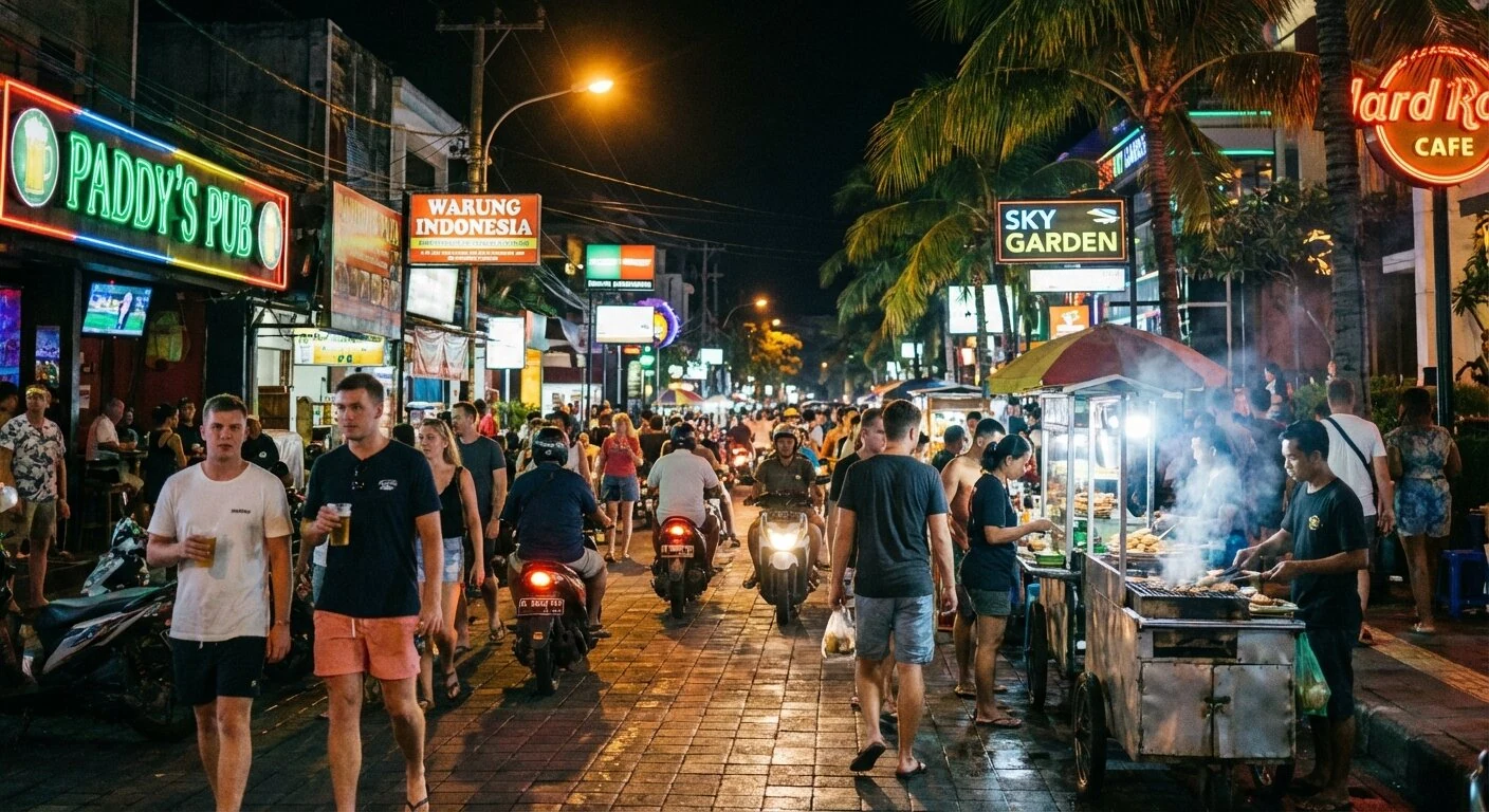 ou loger a kuta bali Rue animee de Kuta la nuit avec bars et restaurants