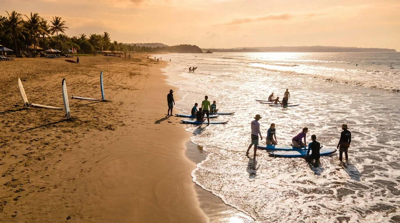 ou loger a kuta bali Surfeurs debutants sur la plage de Kuta a Bali