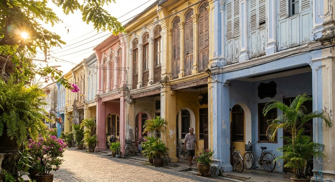 Bunte sino-portugiesische Häuser in der Altstadt von Phuket