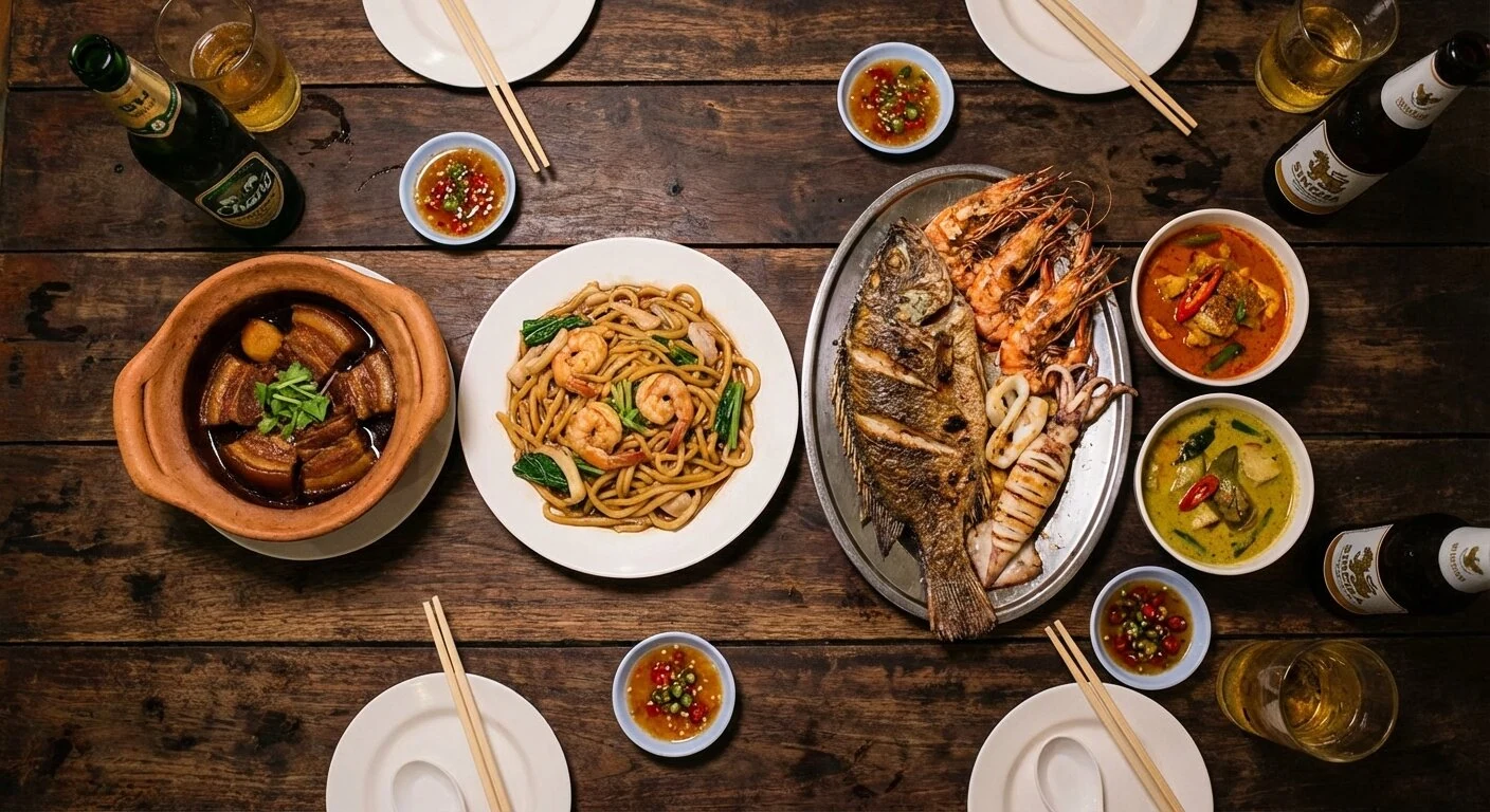 Lokale Gerichte aus Phuket, darunter Moo Hong und Hokkien Mee