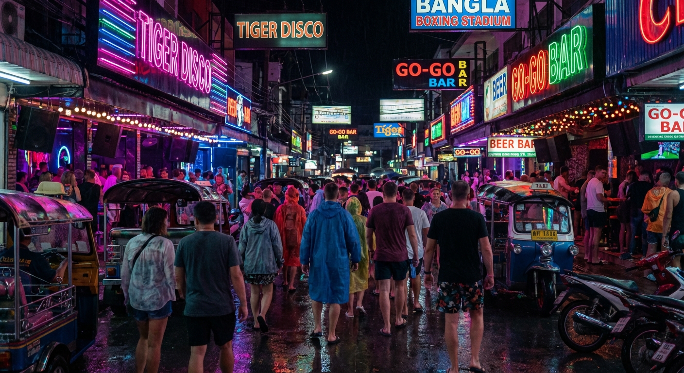 Bangla Road à Patong de nuit, néons et vie nocturne animée