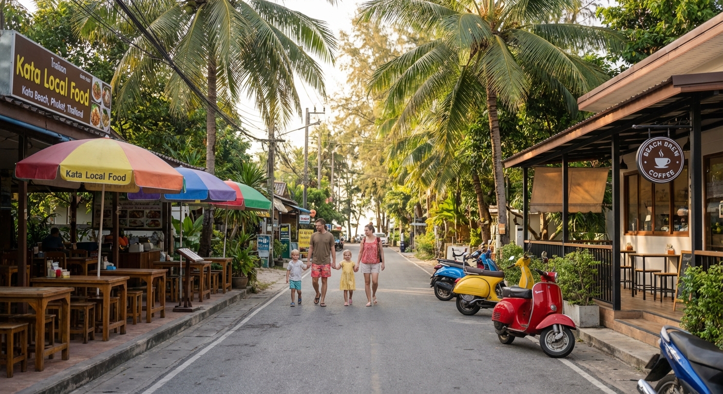 Village paisible de Kata Beach avec restaurants et cafés