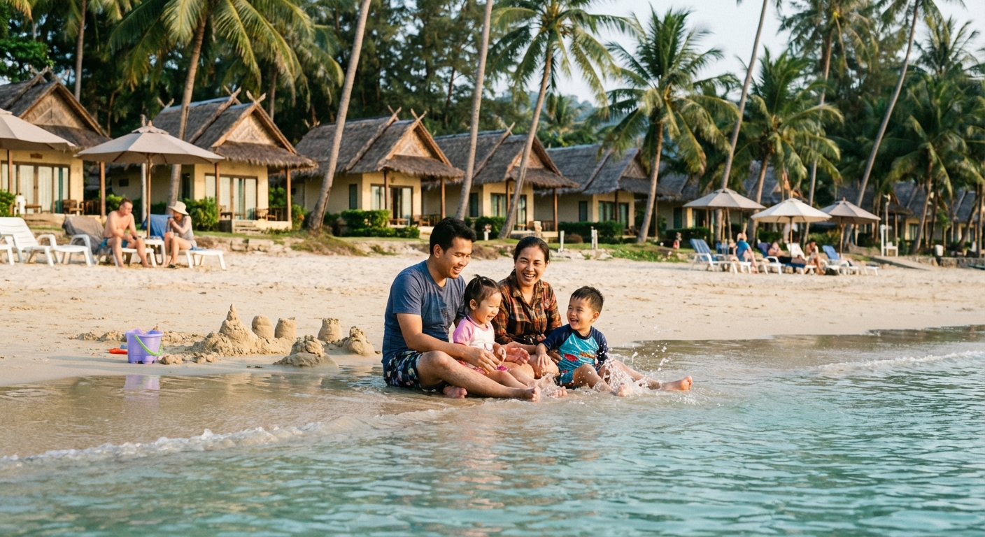 Plage familiale de Kamala avec eau calme et familles avec enfants
