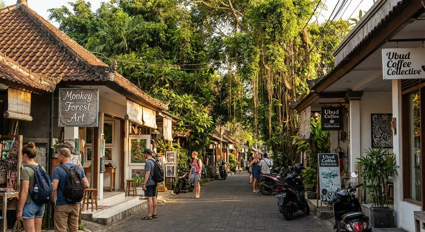 Rue du centre d Ubud avec boutiques et galeries pres de Monkey Forest