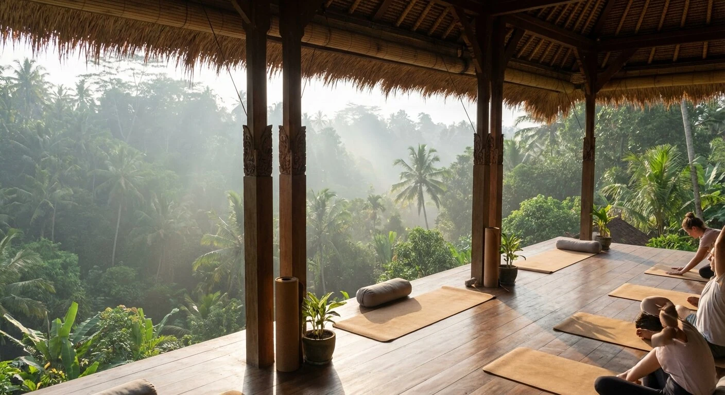 Pavilion de yoga en plein air a Penestanan avec vue sur la vallee