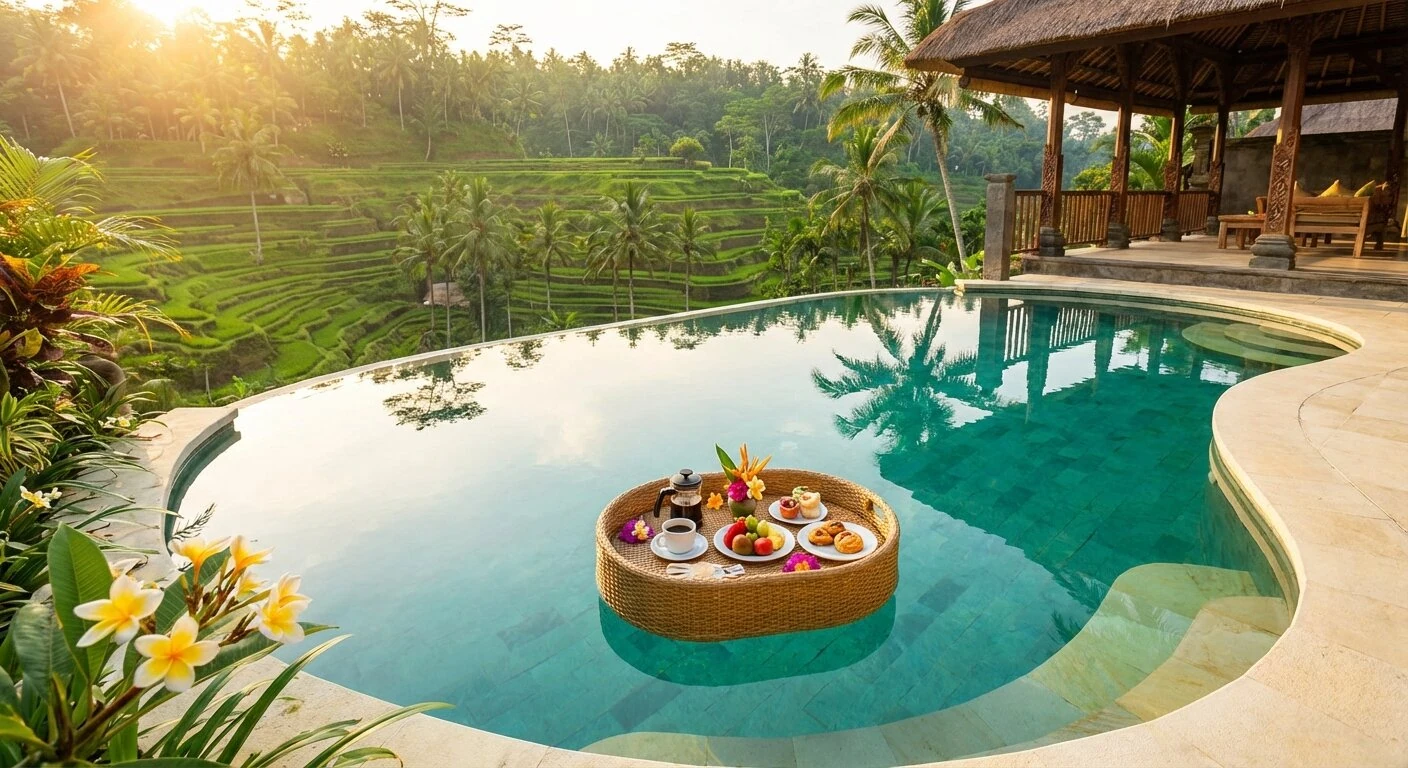 Piscine a debordement d une villa de luxe surplombant les rizieres de Tegallalang a Ubud