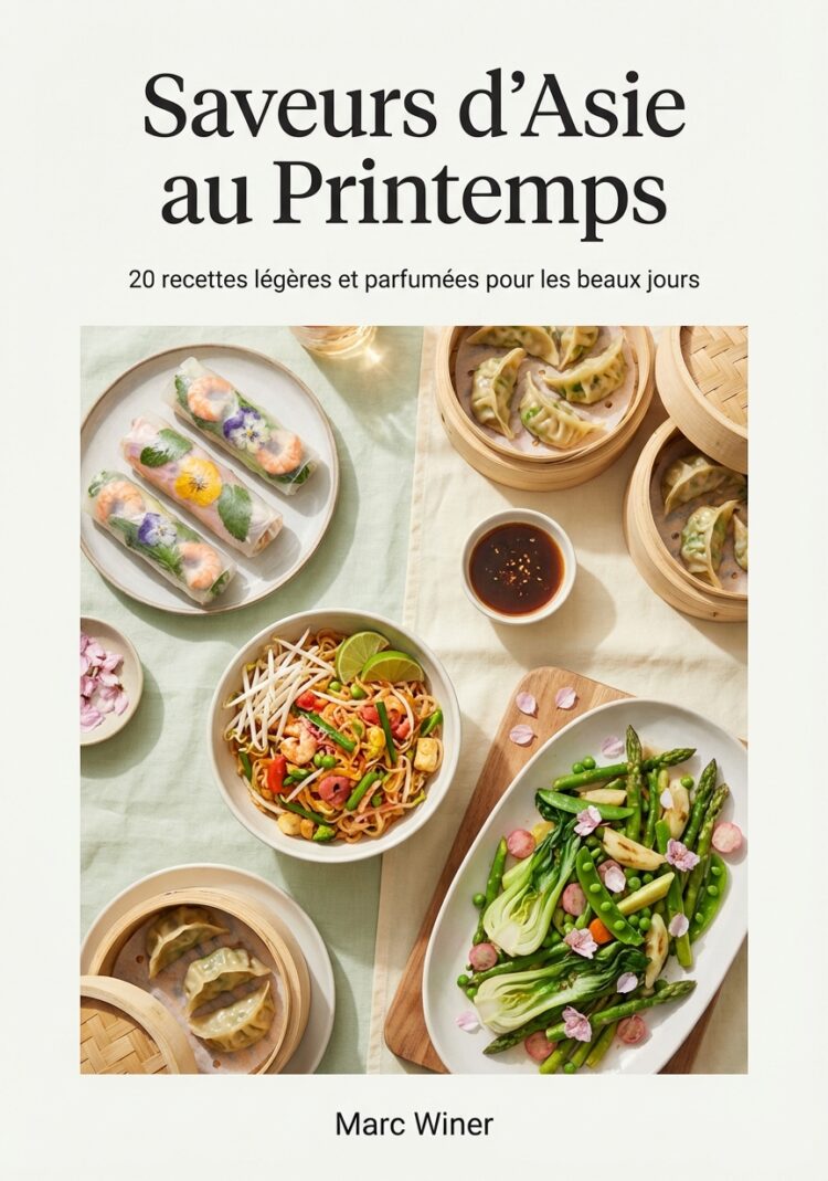 Couverture d’un livre de recettes asiatiques printanières, avec plats colorés et texte "Saveurs d’Asie au Printemps".