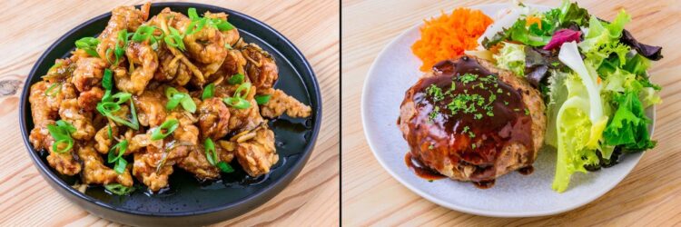 Deux plats : poulet frit garni d’oignons verts et steak haché sauce brune avec salade et carottes râpées.