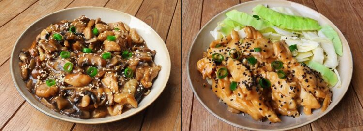 Deux assiettes de poulet sauté, l'une avec champignons et graines de sésame, l'autre avec chou et sésame noir.
