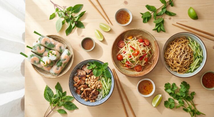 Assortiment de plats vietnamiens : rouleaux de printemps, salade, nouilles, herbes fraîches et sauces sur table en bois.