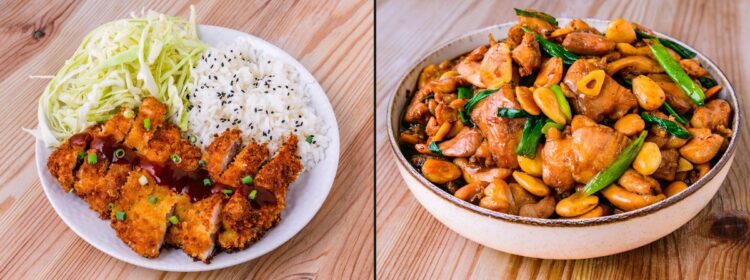 Assiette de tonkatsu avec riz et chou râpé à gauche, poulet sauté aux légumes et noix à droite.