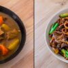 À gauche, un curry japonais avec riz. À droite, des nouilles sautées au bœuf et légumes.