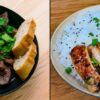 Deux assiettes : l'une avec œufs, bœuf et pain, l'autre avec riz, poulet grillé, sésame et oignons verts.