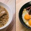 Deux bols de plats chauds : poulet au riz en sauce et assiette d’œufs, viande, pain et herbes.