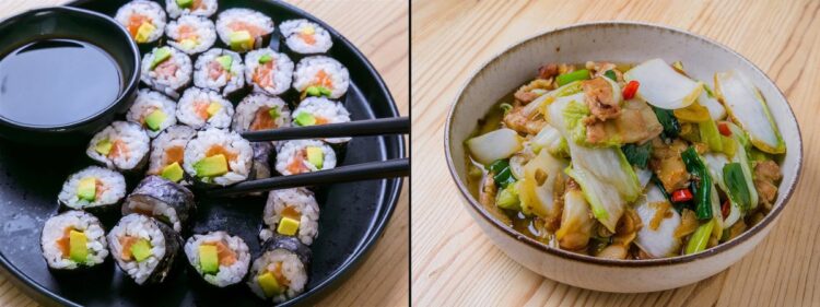 Assiette de makis au saumon et avocat avec sauce soja, à côté d’un bol de sauté de légumes et viande.