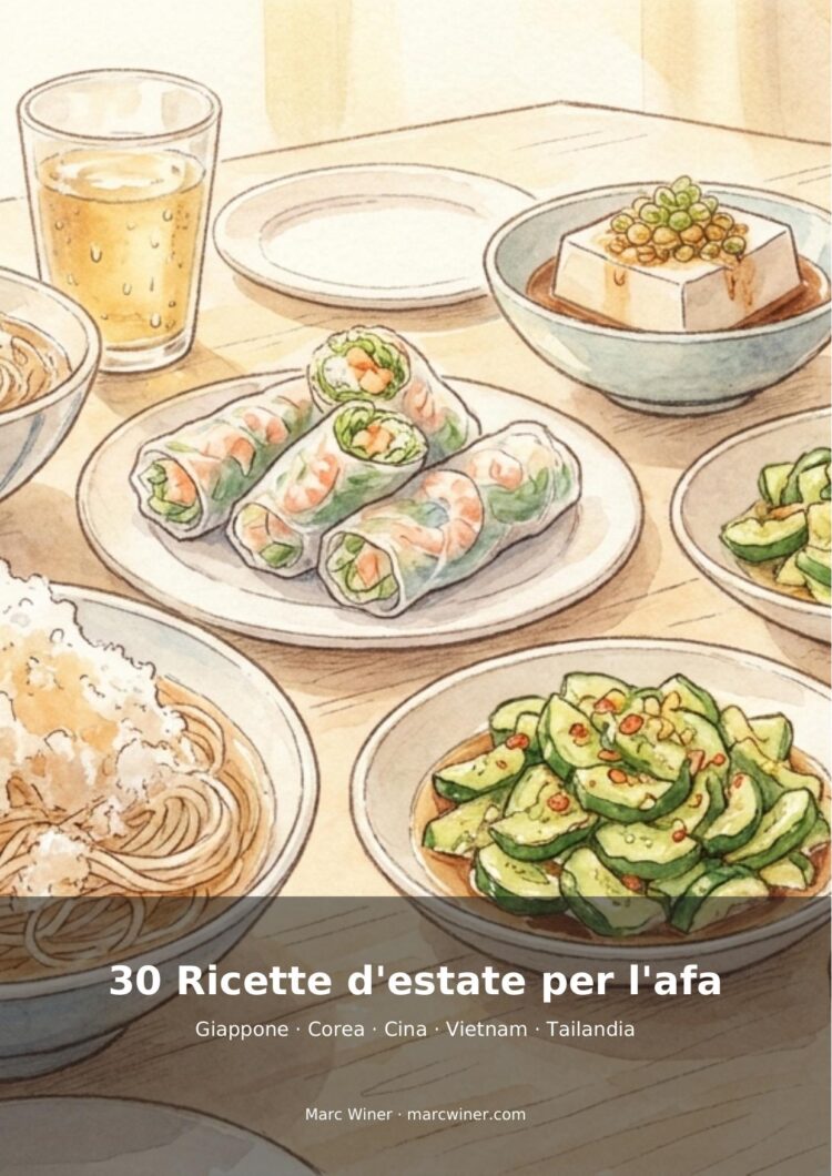 Couverture de livre illustrée : plats asiatiques d’été et titre “30 Ricette d’estate per l’afa”.