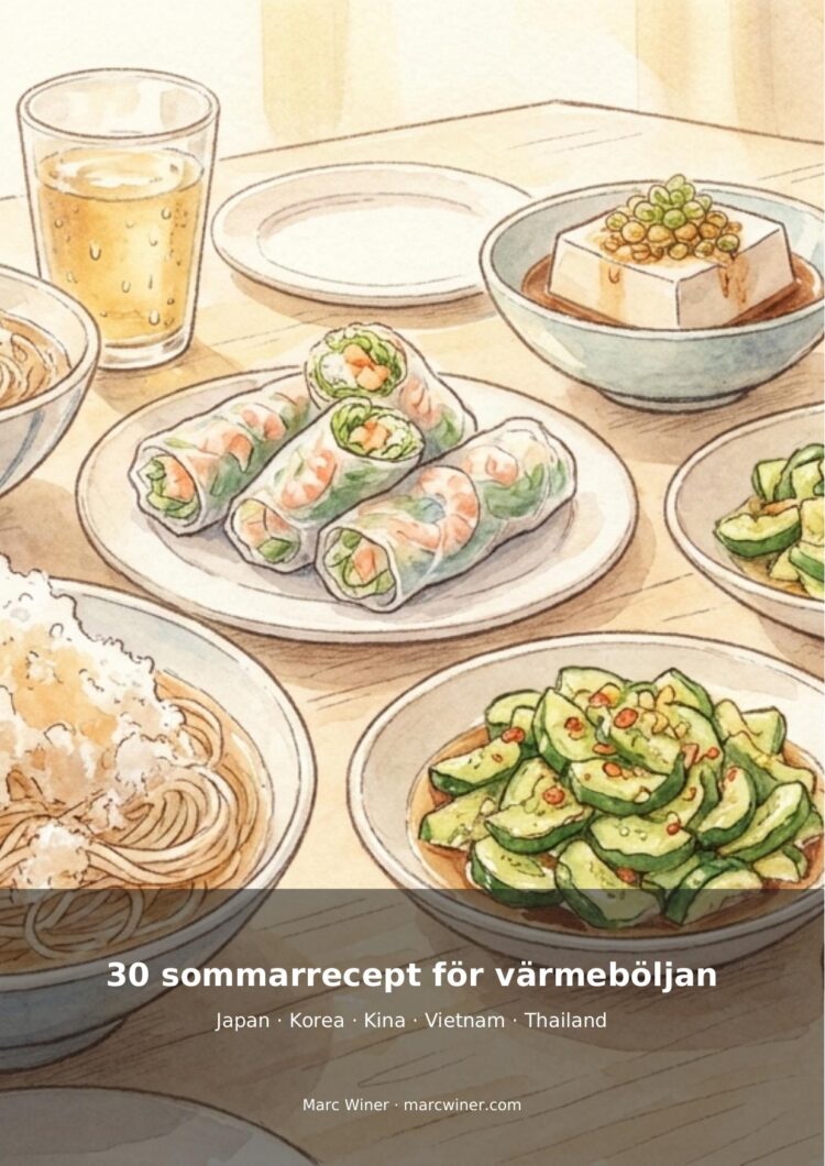 Couverture illustrée d’un livre de 30 recettes d’été asiatiques fraîches pour la canicule.