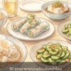 Couverture illustrée d’un livre de recettes asiatiques estivales, avec rouleaux de printemps, tofu et salades.