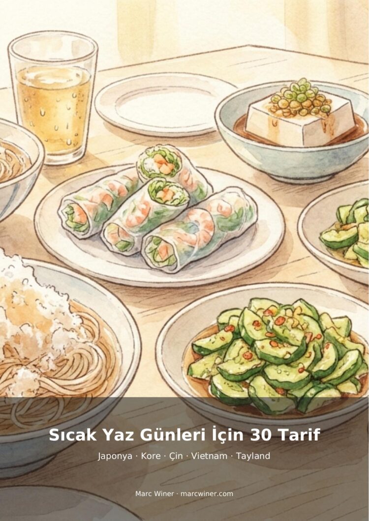 Couverture illustrée d’un livre de 30 recettes asiatiques fraîches pour les chaudes journées d’été.