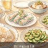 Couverture illustrée d’un livre de recettes estivales asiatiques, avec rouleaux de printemps, tofu, nouilles et concombres.