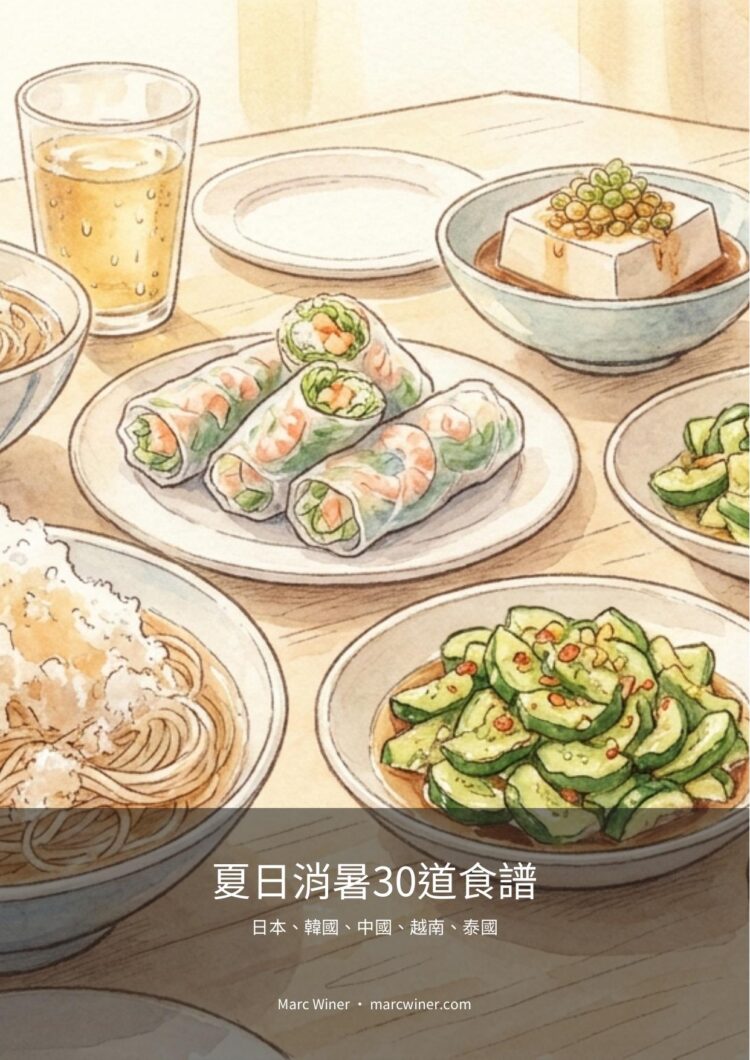 Couverture illustrée d’un livre de recettes estivales asiatiques, avec rouleaux de printemps, tofu, nouilles et concombres.