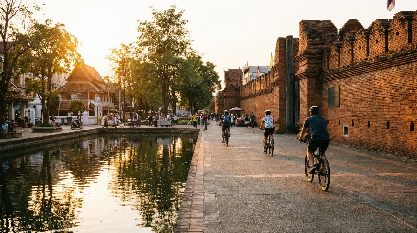 Porte Tha Phae et douves de la vieille ville de Chiang Mai en fin d'après-midi