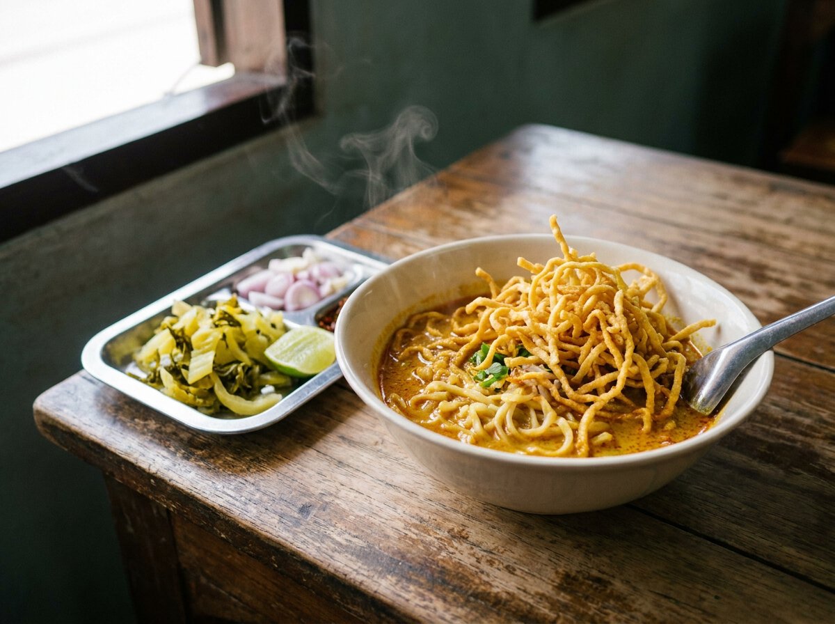Bol de khao soi aux nouilles croustillantes sur une table en bois