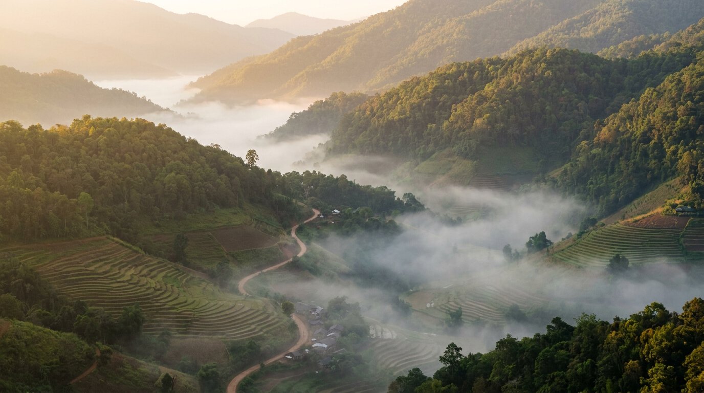 Crêtes boisées et brume matinale dans les montagnes au nord de Chiang Mai