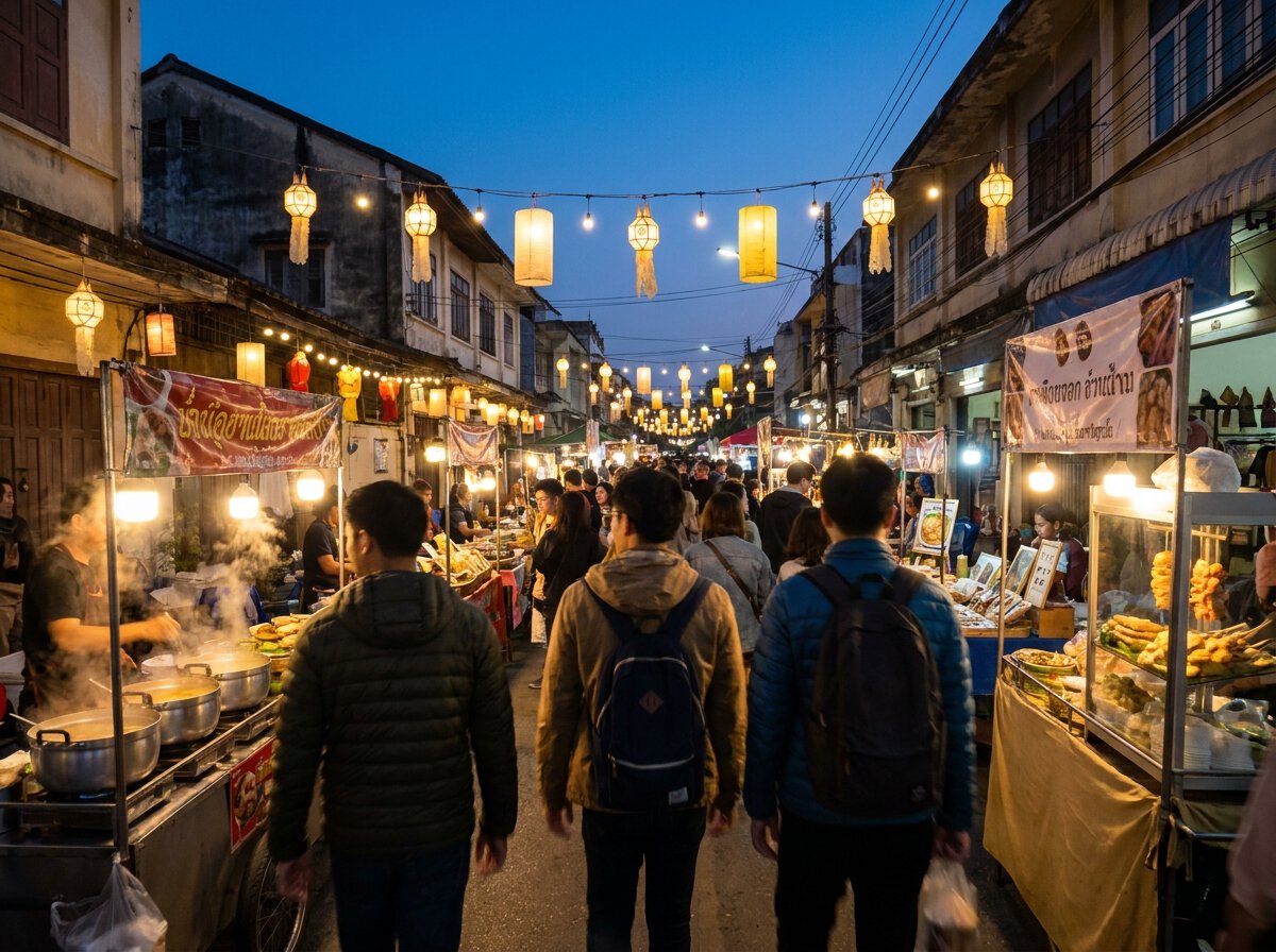 Allée de stands du marché du dimanche de Chiang Mai à la tombée de la nuit