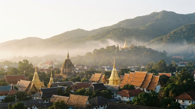 Ville asiatique avec temples dorés au pied de collines verdoyantes enveloppées de brume matinale.