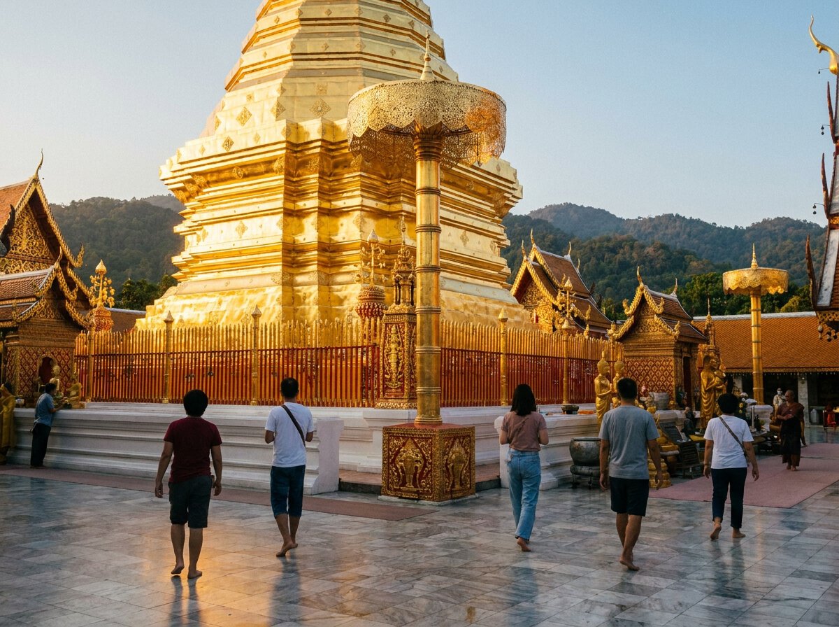 Chedi doré du Wat Phra That Doi Suthep à la lumière de fin d'après-midi