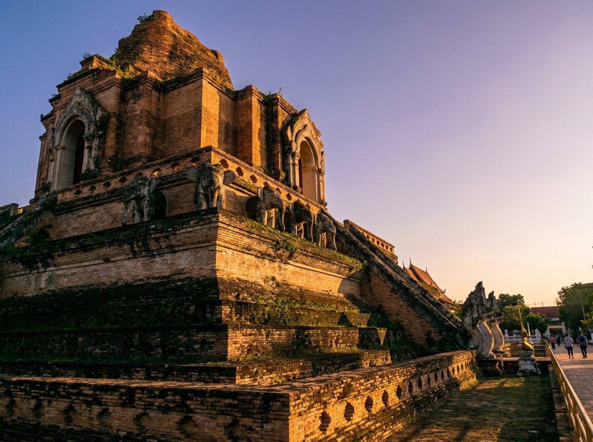 Chedi en brique et éléphants sculptés du Wat Chedi Luang à Chiang Mai