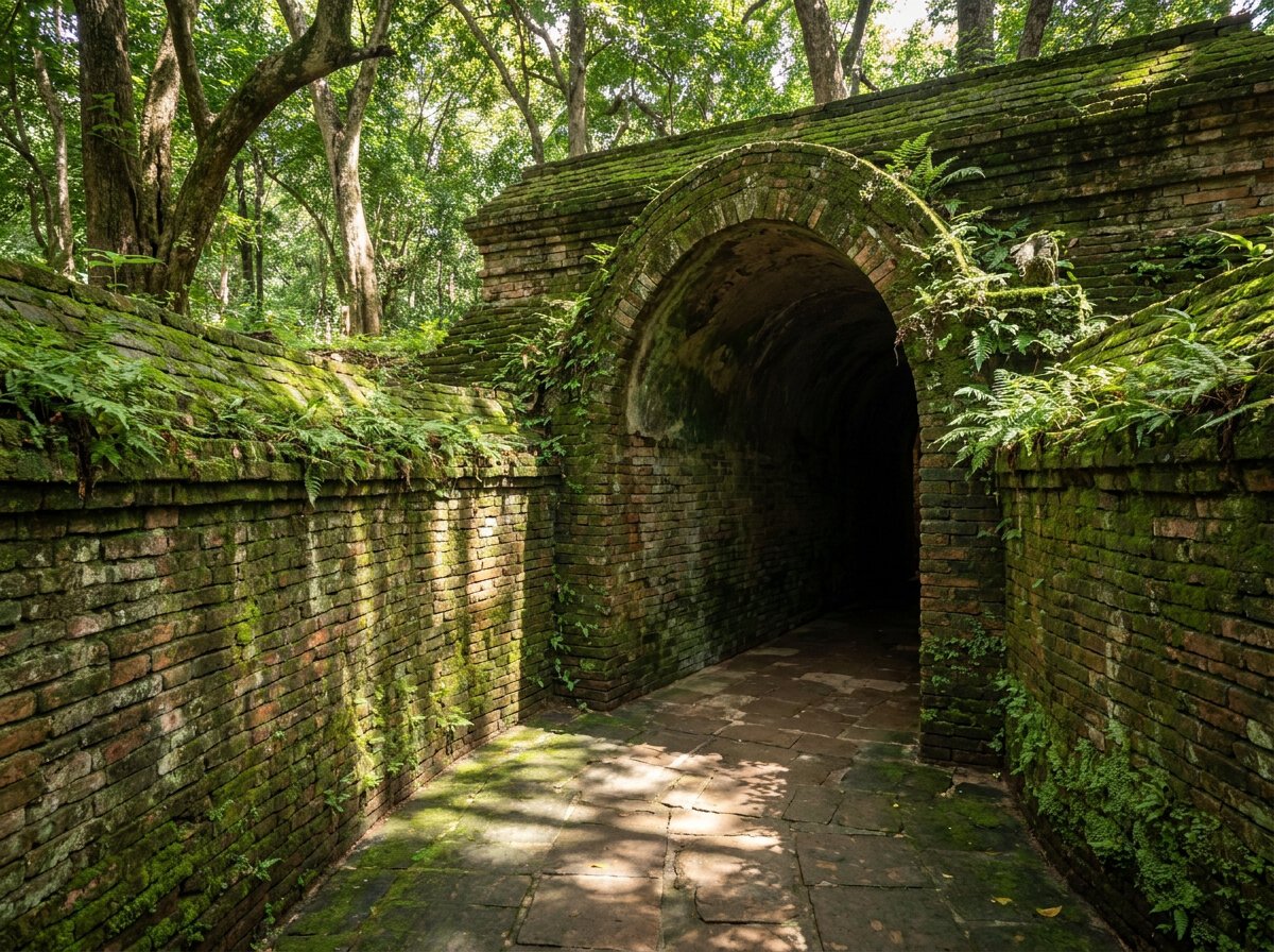 Tunnels de méditation moussus du Wat Umong dans la forêt de Chiang Mai