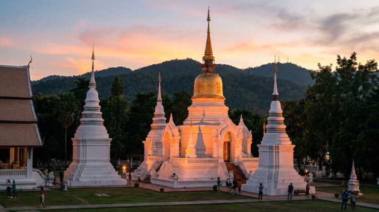 Temple bouddhiste blanc et doré au coucher du soleil, devant des collines boisées.