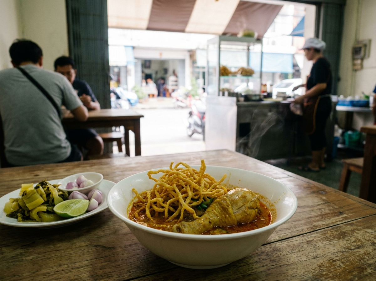 Bol de khao soi gai dans une échoppe de nouilles du nord de la Thaïlande