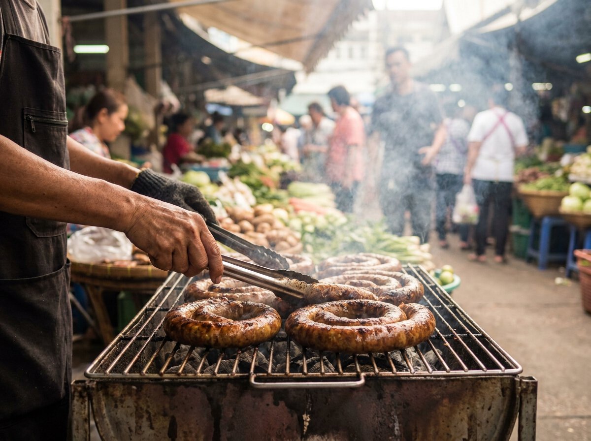 Saucisses sai ua grillées au charbon sur un stand du marché de Warorot