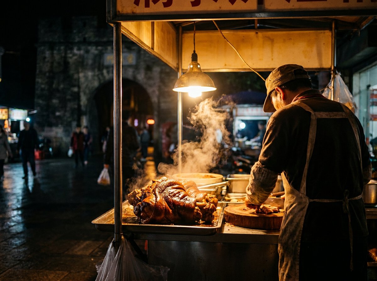 Stand de khao kha moo et jarret de porc braisé à la porte Chang Phuak, le soir