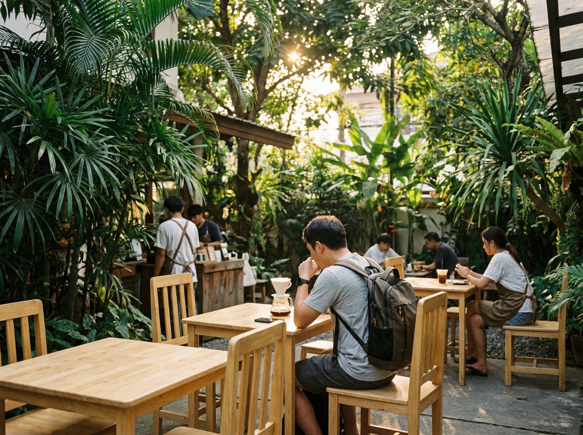 Terrasse d'un café de spécialité dans une rue de Nimmanhaemin à Chiang Mai