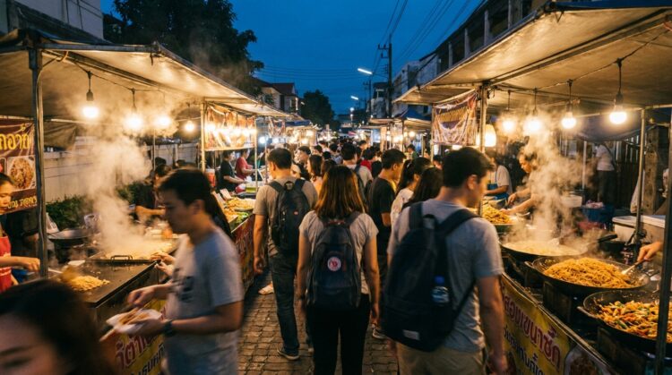 Foule dans un marché de street food asiatique animé au crépuscule, stands fumants des deux côtés.