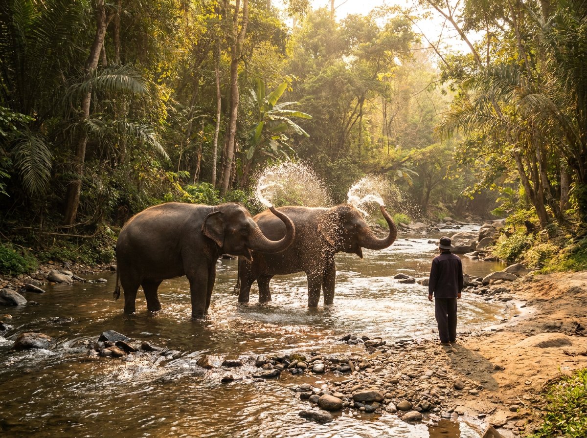 Éléphants au bain dans une rivière d'un sanctuaire près de Chiang Mai