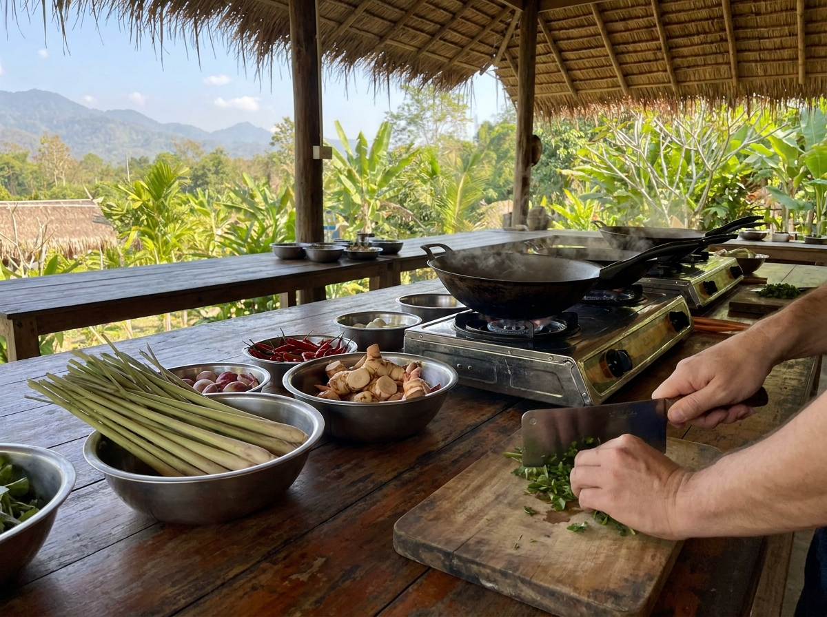 Cuisine en plein air d'un cours de cuisine thaïe avec woks et herbes fraîches