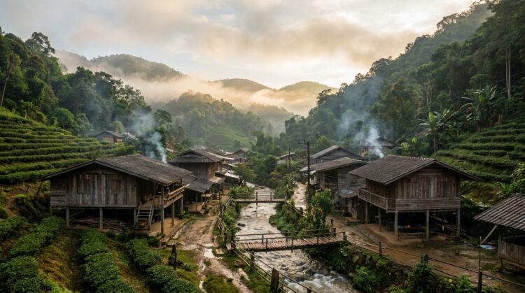 Village de montagne en bois au bord d’un ruisseau, entouré de rizières en terrasses et de collines brumeuses.