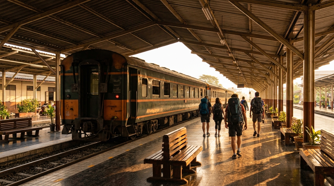 Arrivée du train de nuit de Bangkok sur le quai de la gare de Chiang Mai