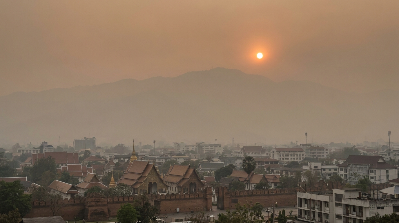 Crête du Doi Suthep noyée dans la brume de pollution pendant la saison des brûlis