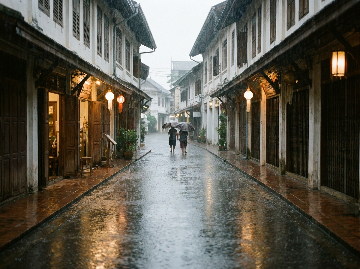 Averse de mousson sur une ruelle de la vieille ville de Chiang Mai