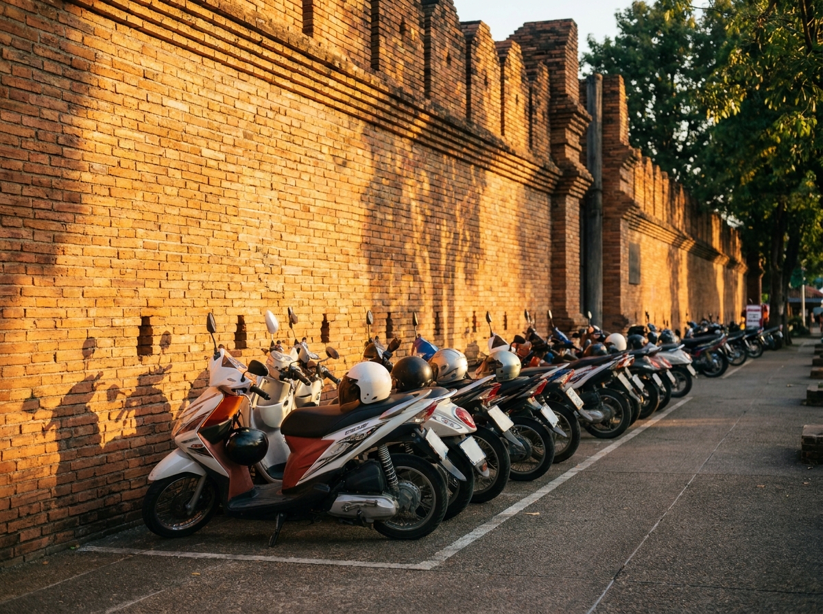 Scooters de location alignés le long du vieux mur d'enceinte de Chiang Mai