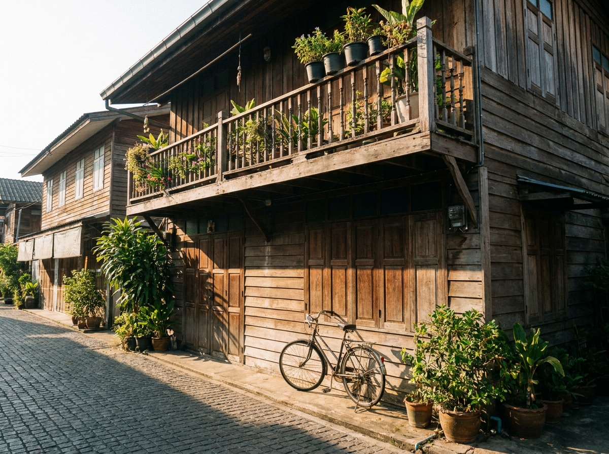 Maison d'hôtes en teck et son balcon dans une ruelle de la vieille ville de Chiang Mai