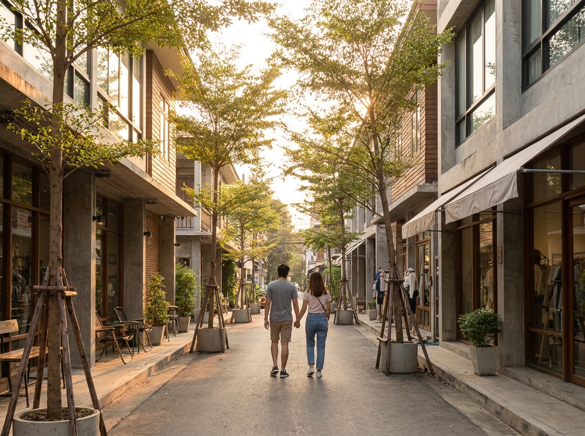 Rue de Nimmanhaemin bordée de cafés en fin d'après-midi