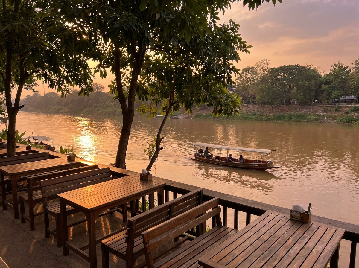 Terrasse au bord de la rivière Ping à Chiang Mai au coucher du soleil